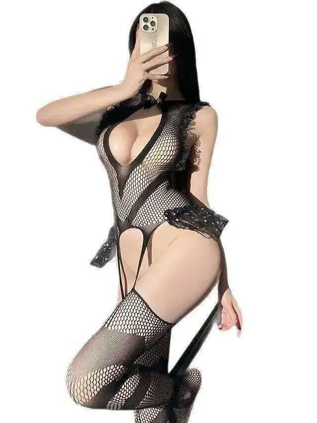 Fishnet Stocking Women - Seksi Dantel Trim Balık Ağı Bodystocking