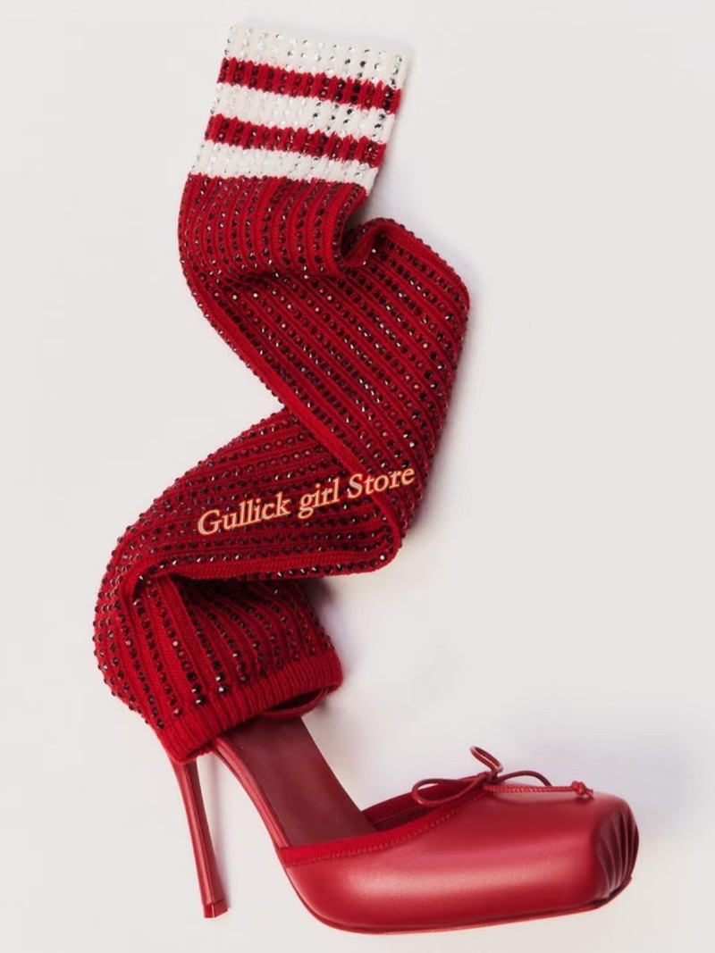 Knee High Sock Women - Kırmızı Örgü Kare Burunlu Botlar Kesik